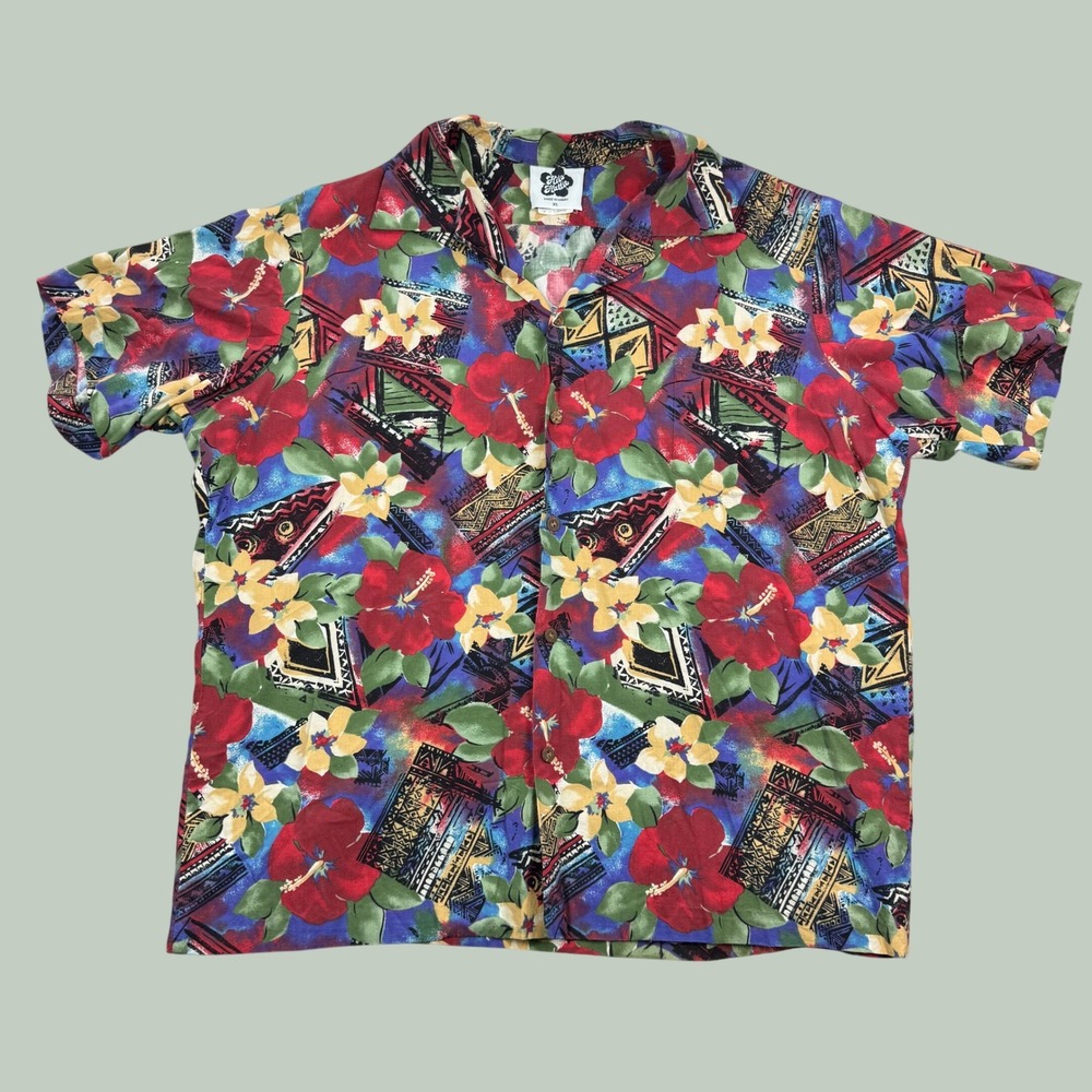VTG Hilo Hattie Mens XL Floral Geometric Hawaiian Shirt Red Blue Short Sleeve